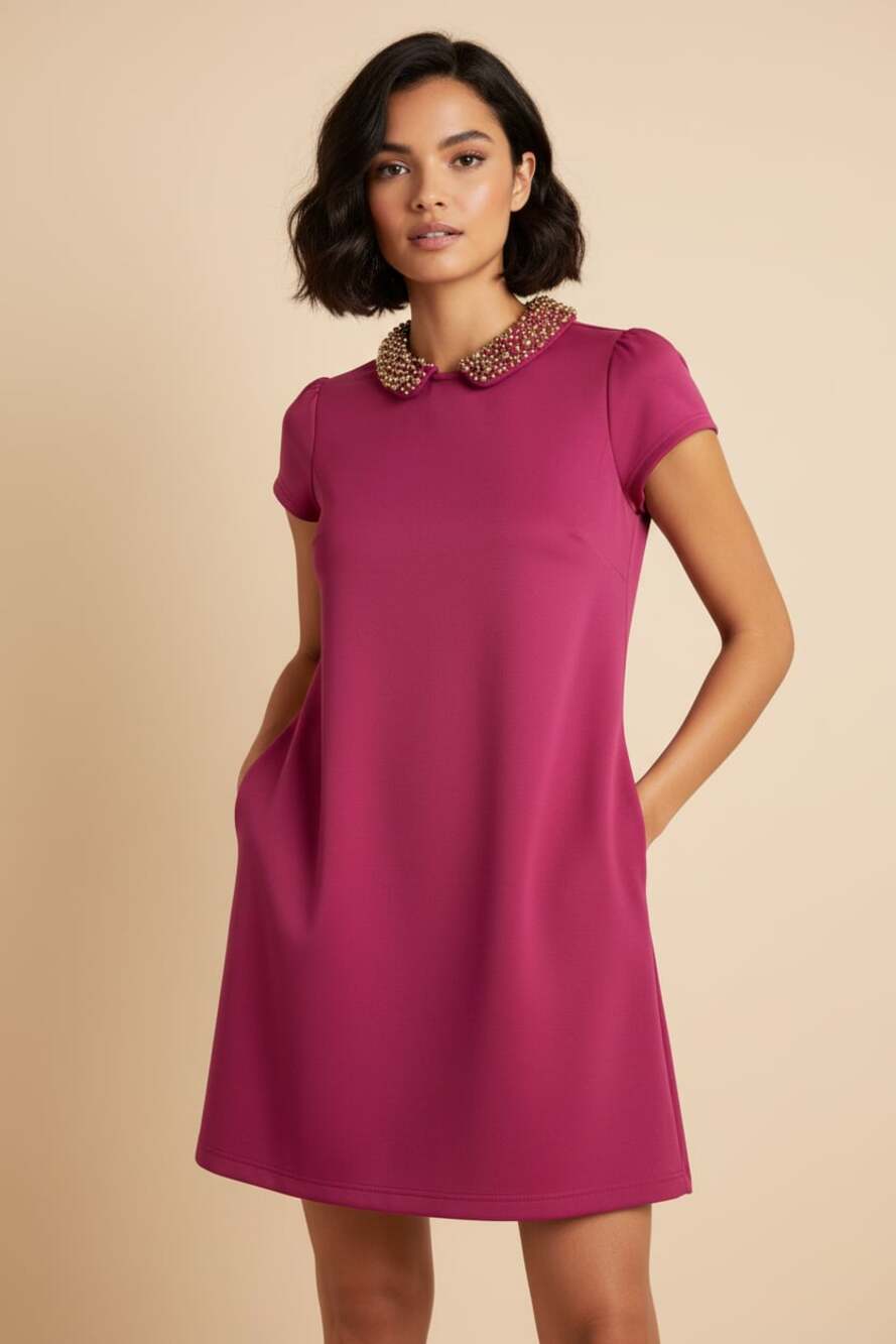 Alice Moon Burgundy Magenta Embellished Peter Pan Collar Shift Mini Dress